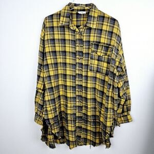 Easel Oversized Plaid Frayed Raw Edge Balloon Sleeve Dress